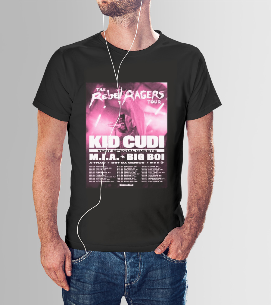 The Rebel Ragers Tour Kid Cudi 2026 Featuring M.I.A. Big Boi A Trak Dot Da Genius Tour Dates T-Shirt