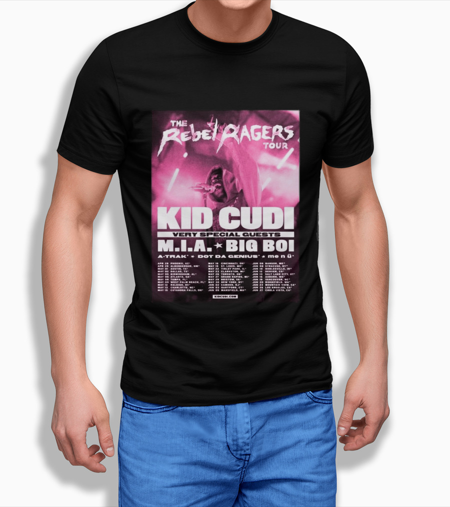 The Rebel Ragers Tour Kid Cudi 2026 Featuring M.I.A. Big Boi A Trak Dot Da Genius Tour Dates T-Shirt