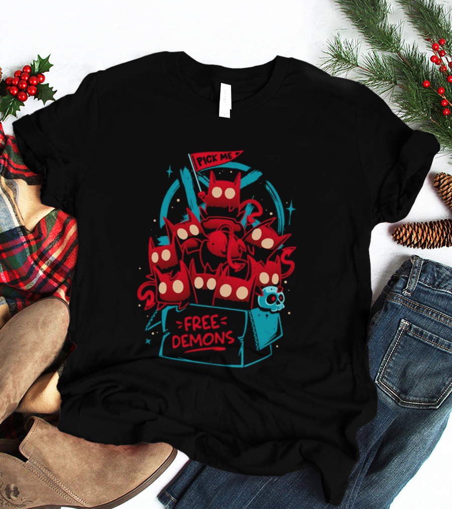 Free Demons Box Pick Me Red Monsters Cute Cartoon T-Shirt