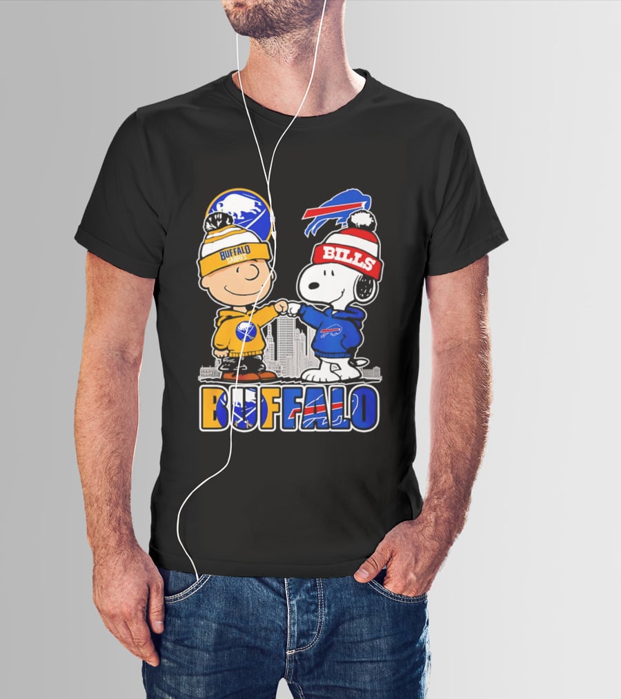 Buffalo Sabres Bills Snoopy City Skyline Collaboration With Charlie Brown T-Shirt