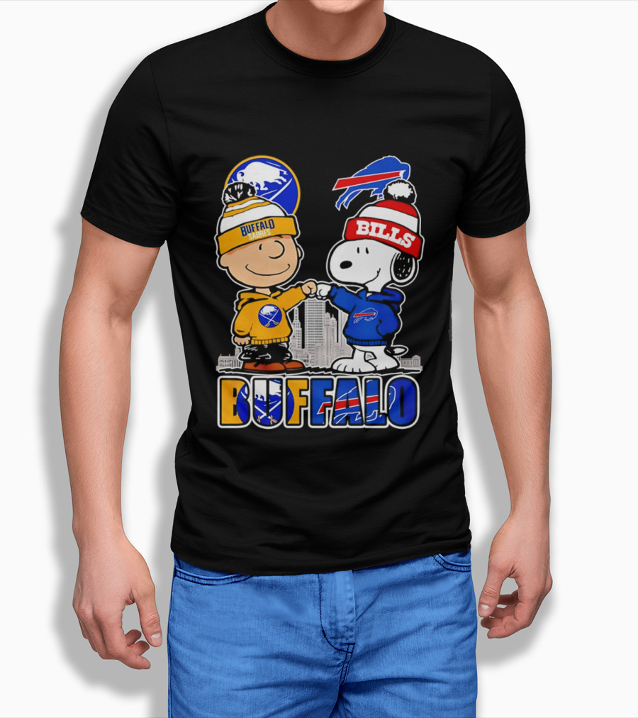 Buffalo Sabres Bills Snoopy City Skyline Collaboration With Charlie Brown T-Shirt