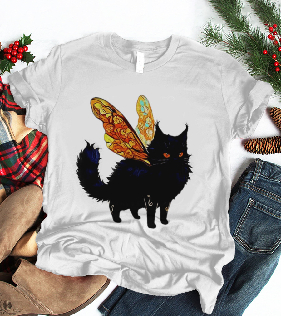 Black Cat With Colorful Fairy Wings Fantastical T-Shirt