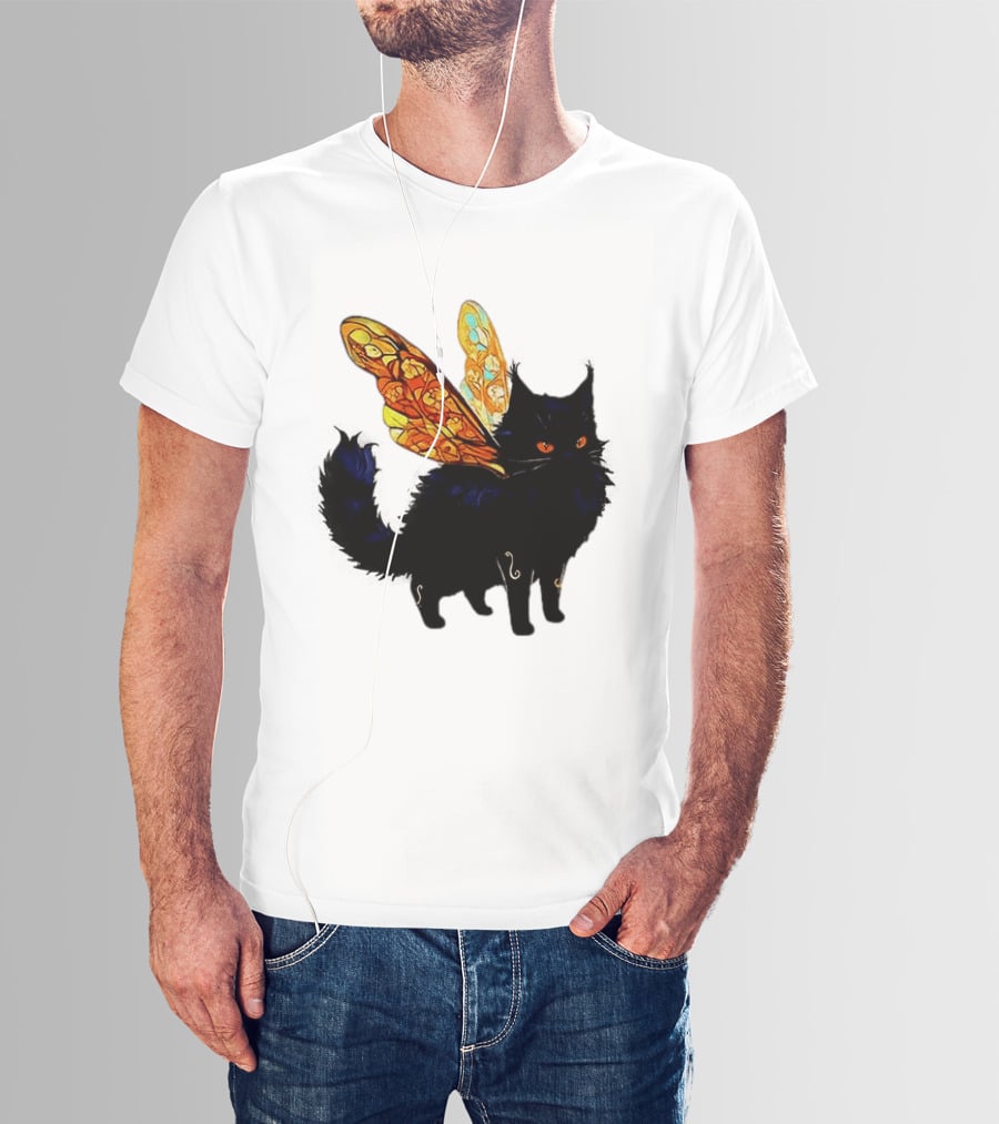Black Cat With Colorful Fairy Wings Fantastical T-Shirt