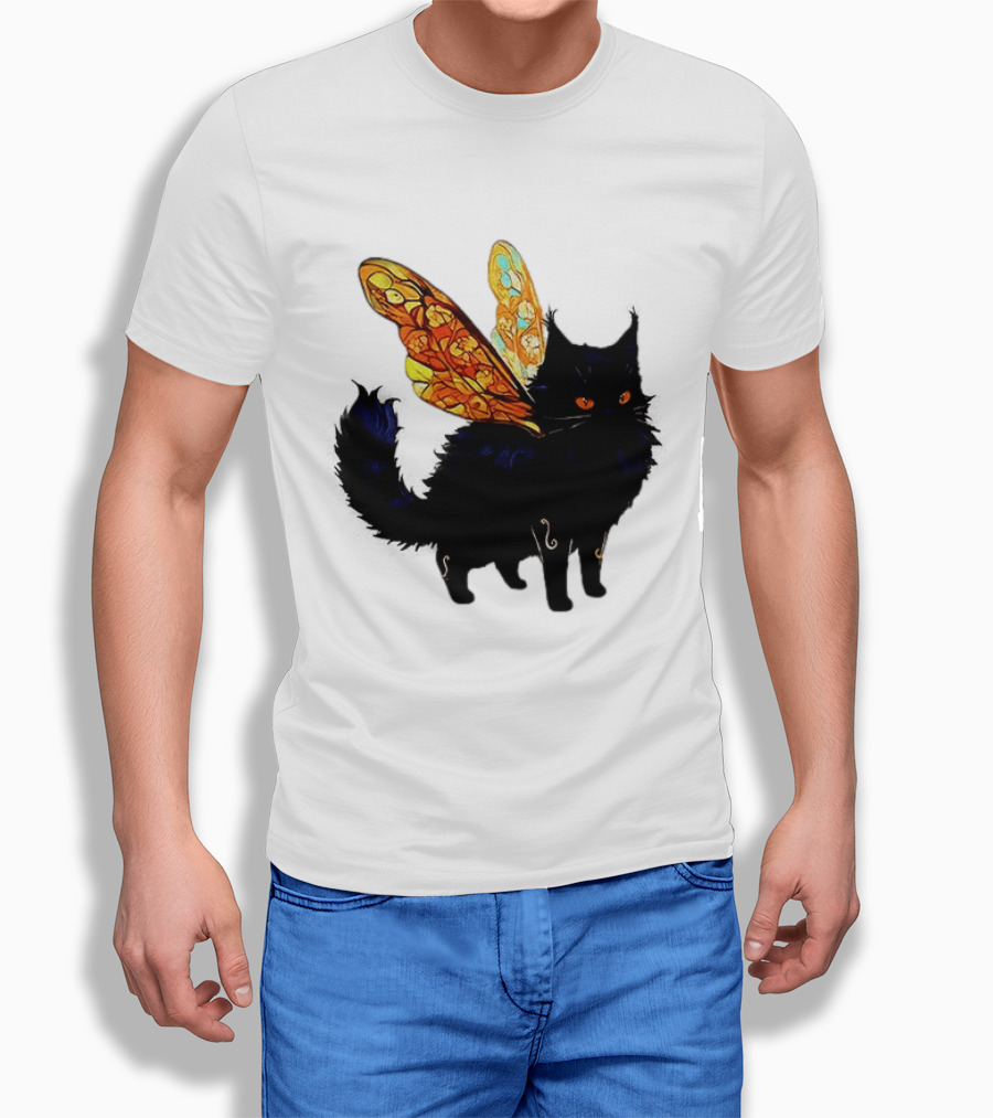 Black Cat With Colorful Fairy Wings Fantastical T-Shirt