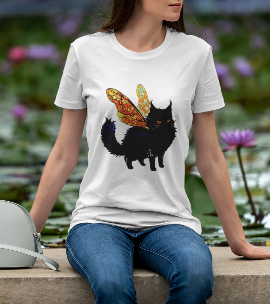 Black Cat With Colorful Fairy Wings Fantastical T-Shirt