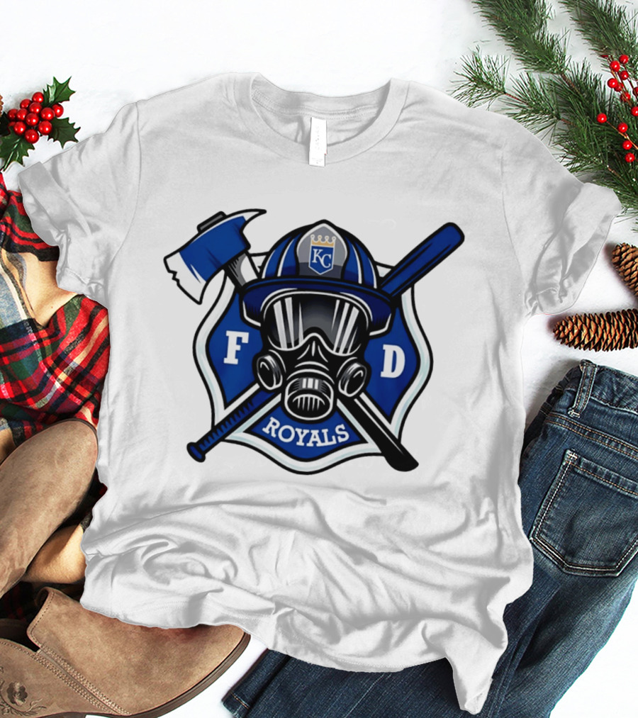 Kansas City Royals Firefighter FD Helmet Gas Mask Axe Bat T-Shirt