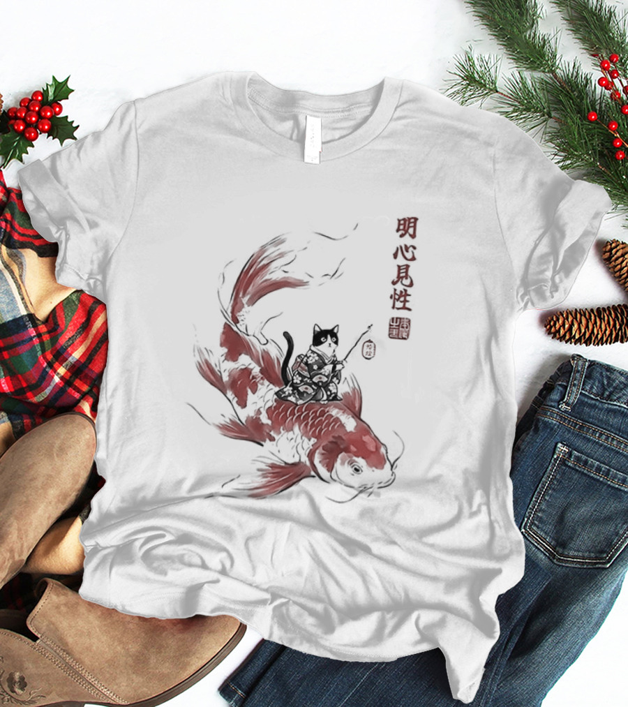 Kimono Cat Riding Koi Fish Classical Japanese T-Shirt