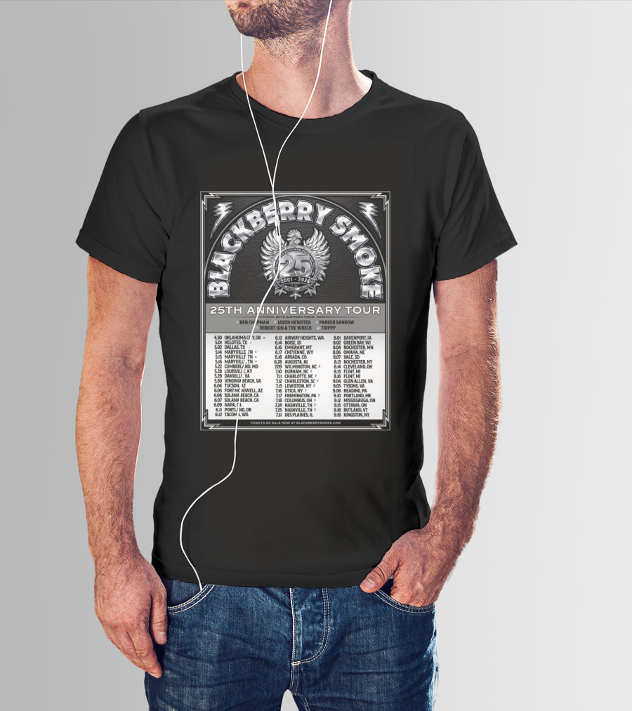 Blackberry Smoke 25th Anniversary Tour 2024 With Ben Chapman And Jason Newsted Featuring Parker Barrow And Robert Jon & The Wreck T-Shirt
