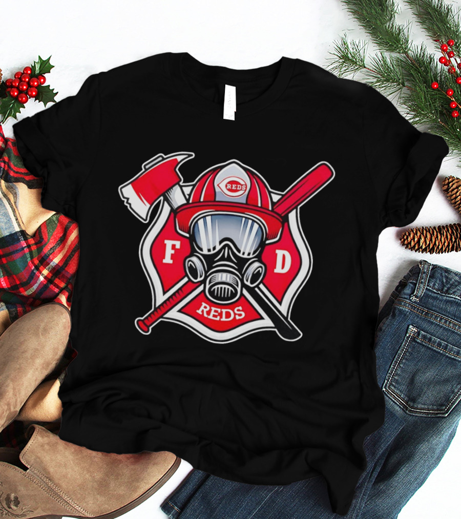 Cincinnati Reds FD Firefighter Helmet With Axe And Baseball Bat T-Shirt