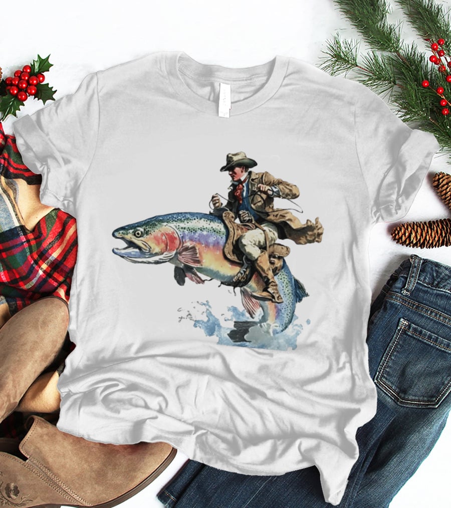 Cowboy Riding Rainbow Trout Adventure Scene T-Shirt