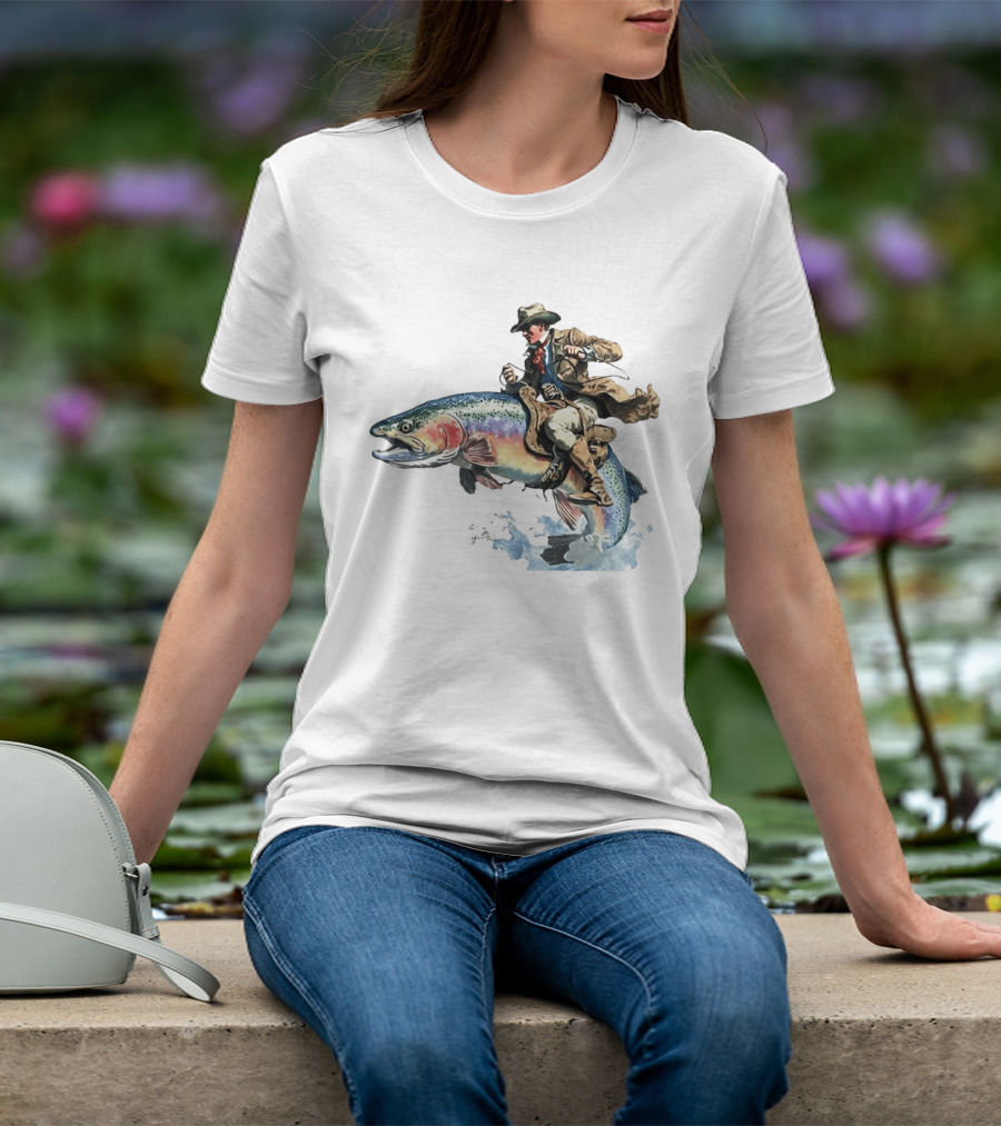 Cowboy Riding Rainbow Trout Adventure Scene T-Shirt
