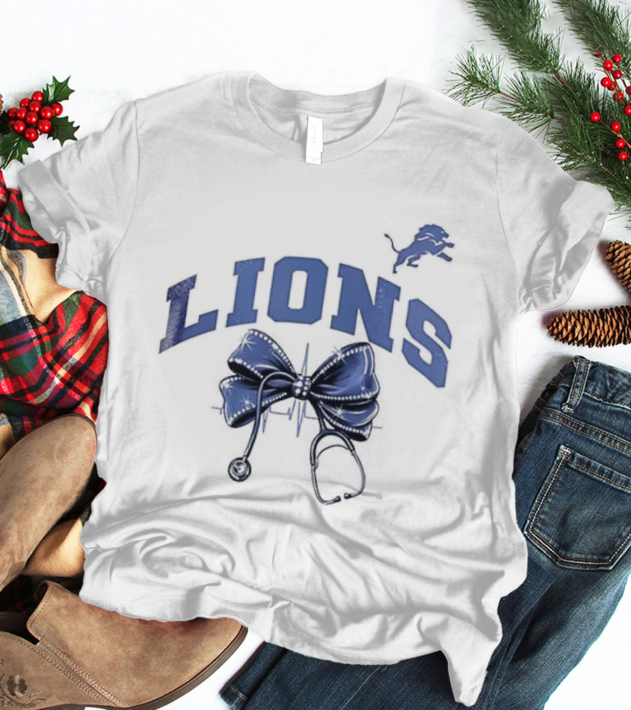 Detroit Lions Nurse By Heart By Soul With Stethoscope And Bow T-Shirt