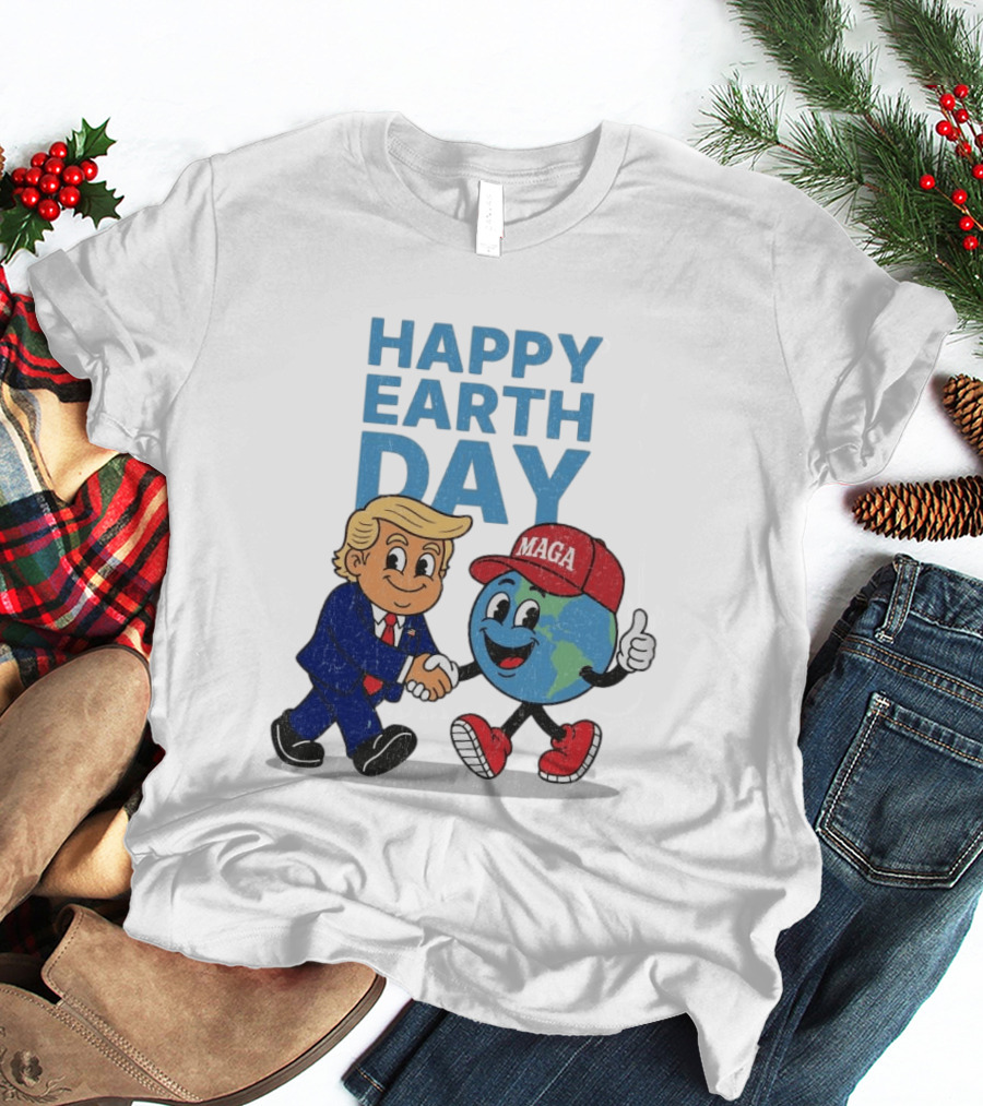 Happy Earth Day Trump MAGA Earth Cartoon Shaking Hands T-Shirt