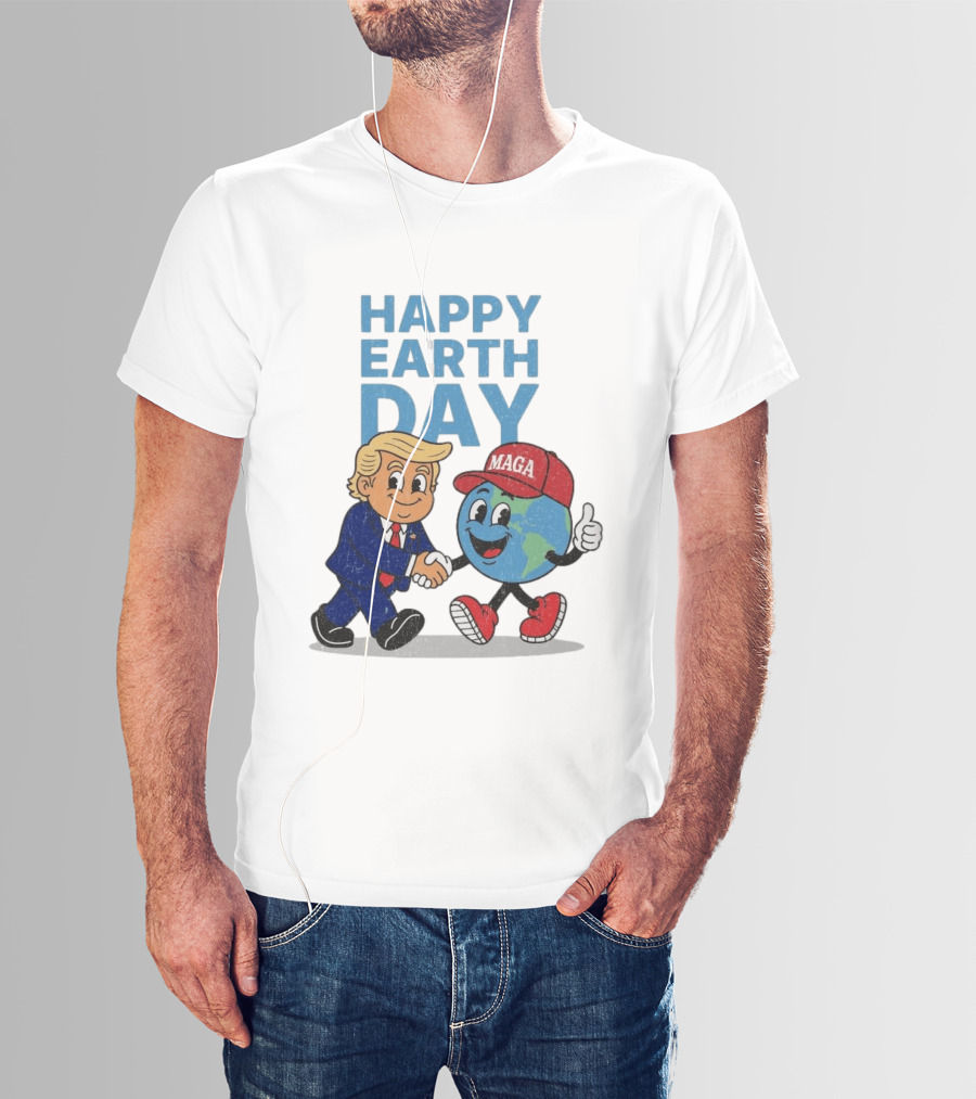 Happy Earth Day Trump MAGA Earth Cartoon Shaking Hands T-Shirt