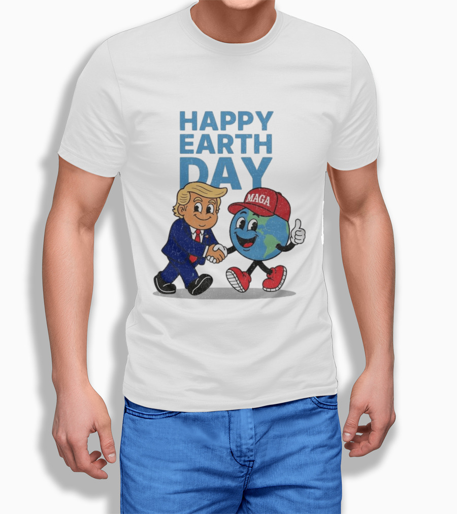 Happy Earth Day Trump MAGA Earth Cartoon Shaking Hands T-Shirt