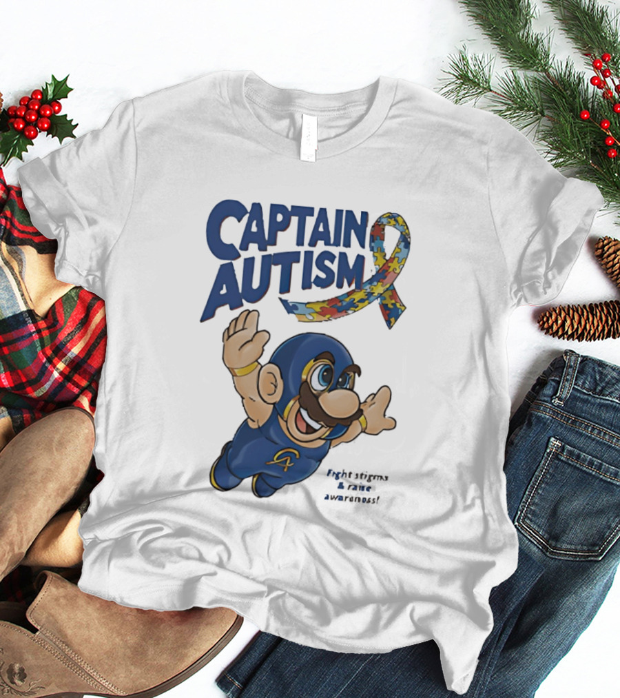 Captain Autism Super Mario Puzzle Ribbon Flying Awareness T-Shirt