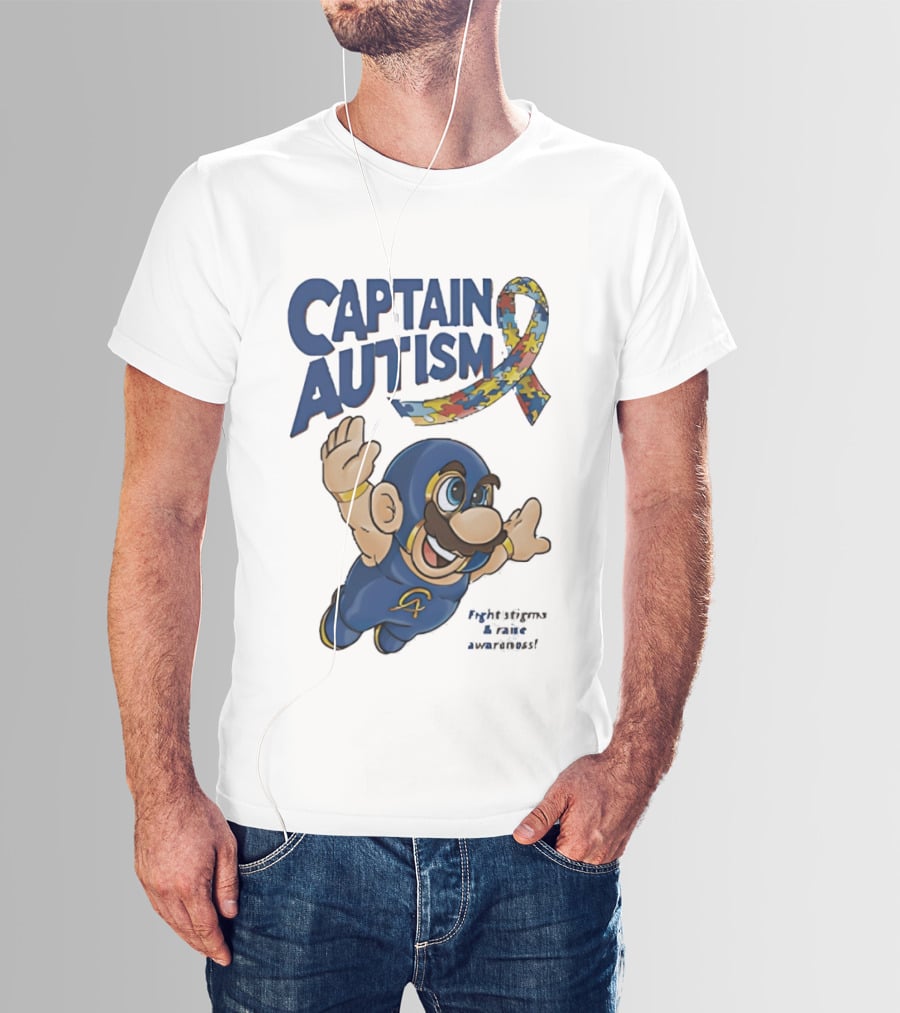 Captain Autism Super Mario Puzzle Ribbon Flying Awareness T-Shirt