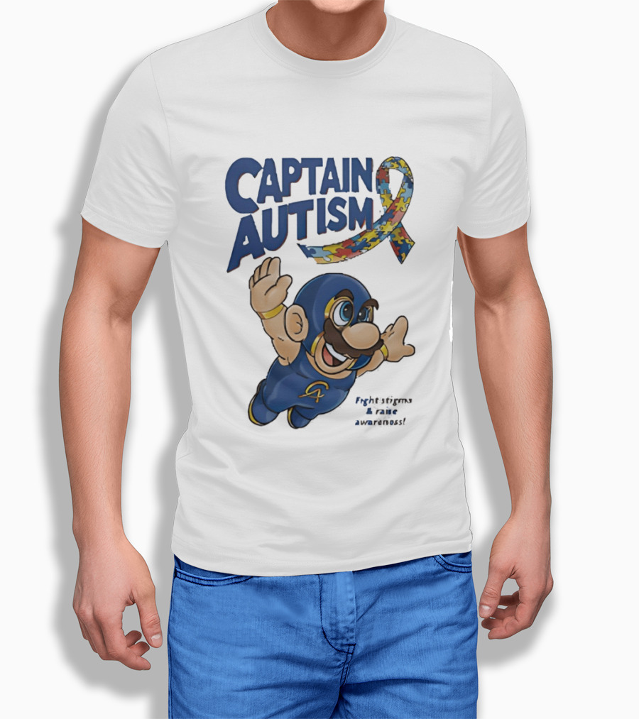 Captain Autism Super Mario Puzzle Ribbon Flying Awareness T-Shirt