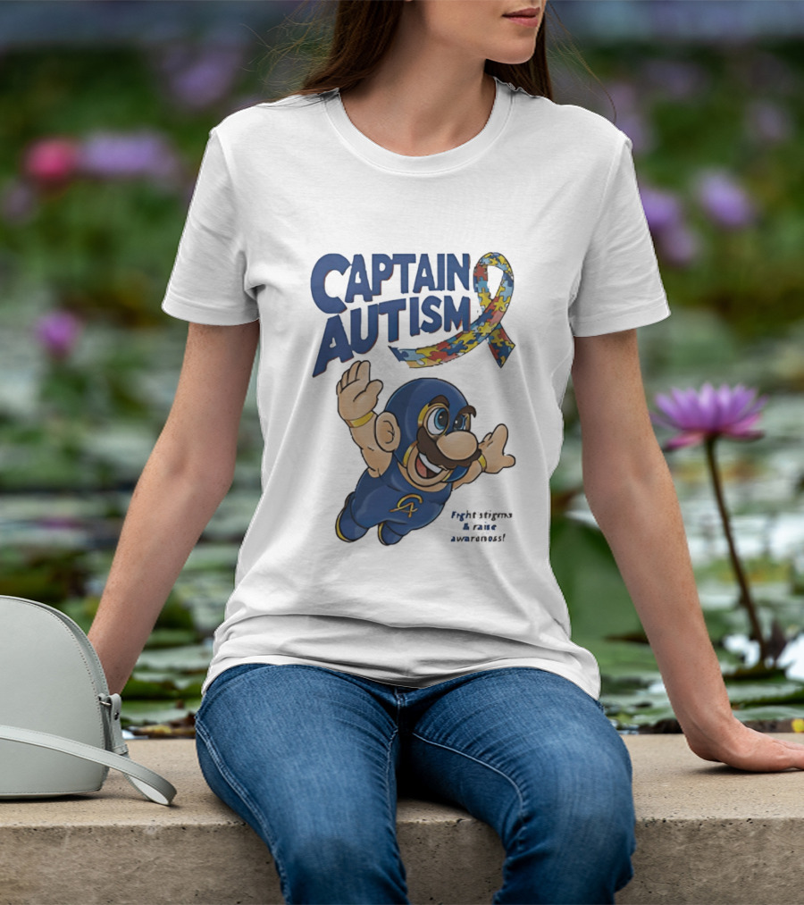 Captain Autism Super Mario Puzzle Ribbon Flying Awareness T-Shirt