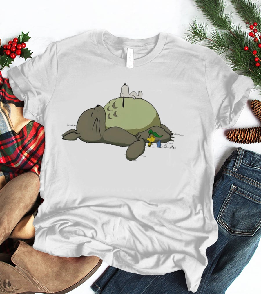 Totoro And Snoopy Sleeping With Woodstock And Classic Cartoon Characters T-Shirt