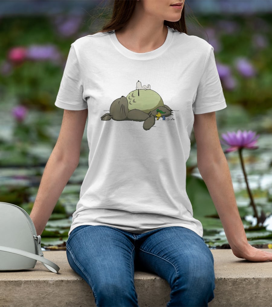 Totoro And Snoopy Sleeping With Woodstock And Classic Cartoon Characters T-Shirt