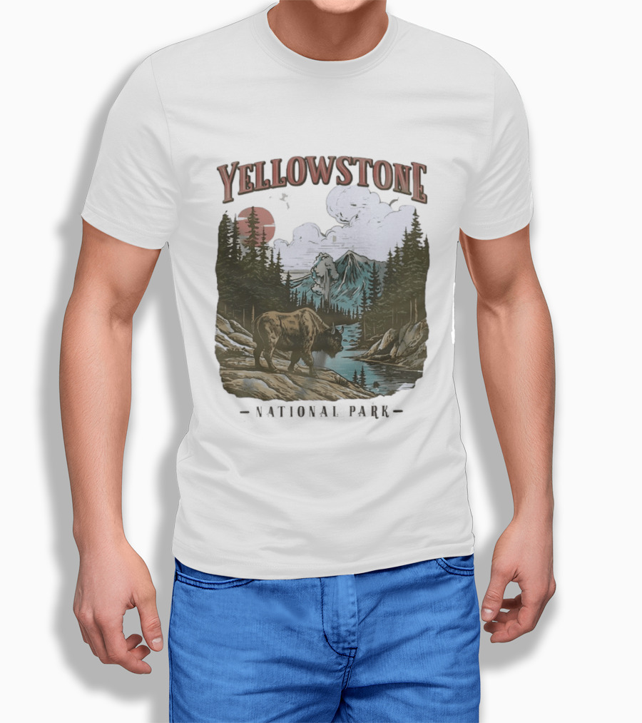 Yellowstone National Park Wild Buffalo By Stream Scenic Landscape T-Shirt
