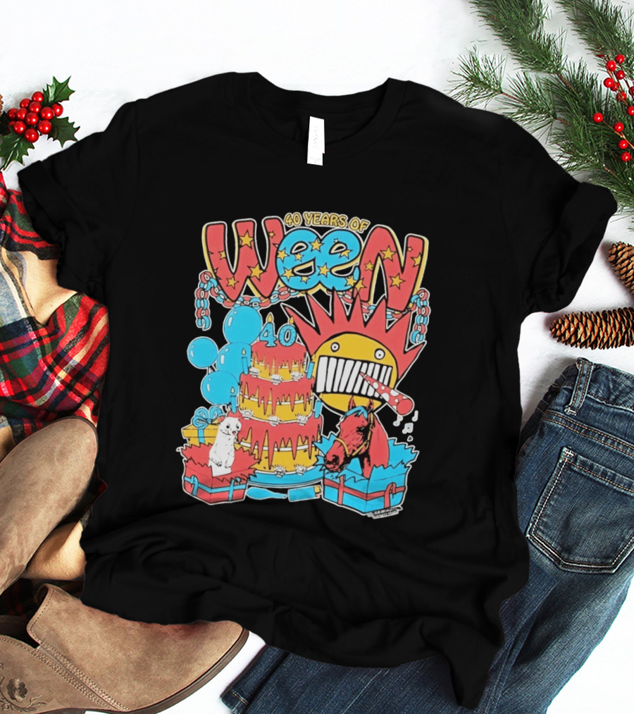 40 Years Of Ween Celebration Cake Balloons Dog Horse Black Sun Mask T-Shirt
