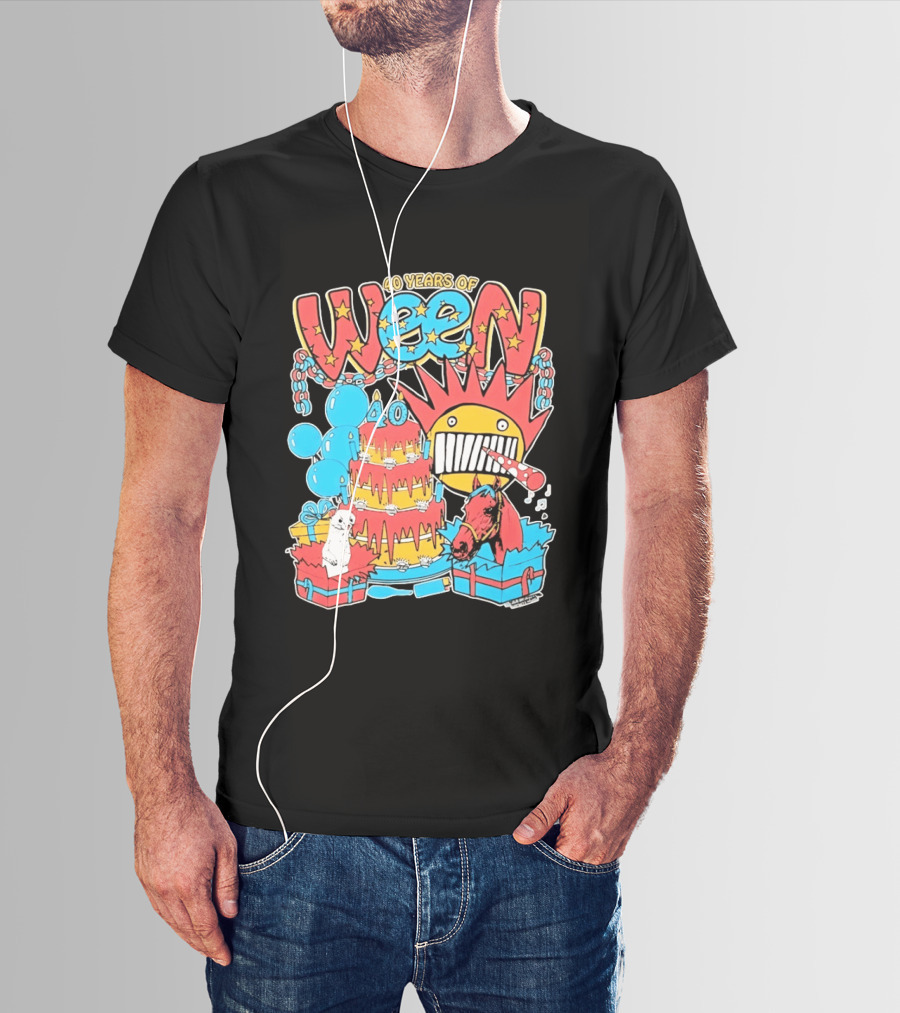 40 Years Of Ween Celebration Cake Balloons Dog Horse Black Sun Mask T-Shirt