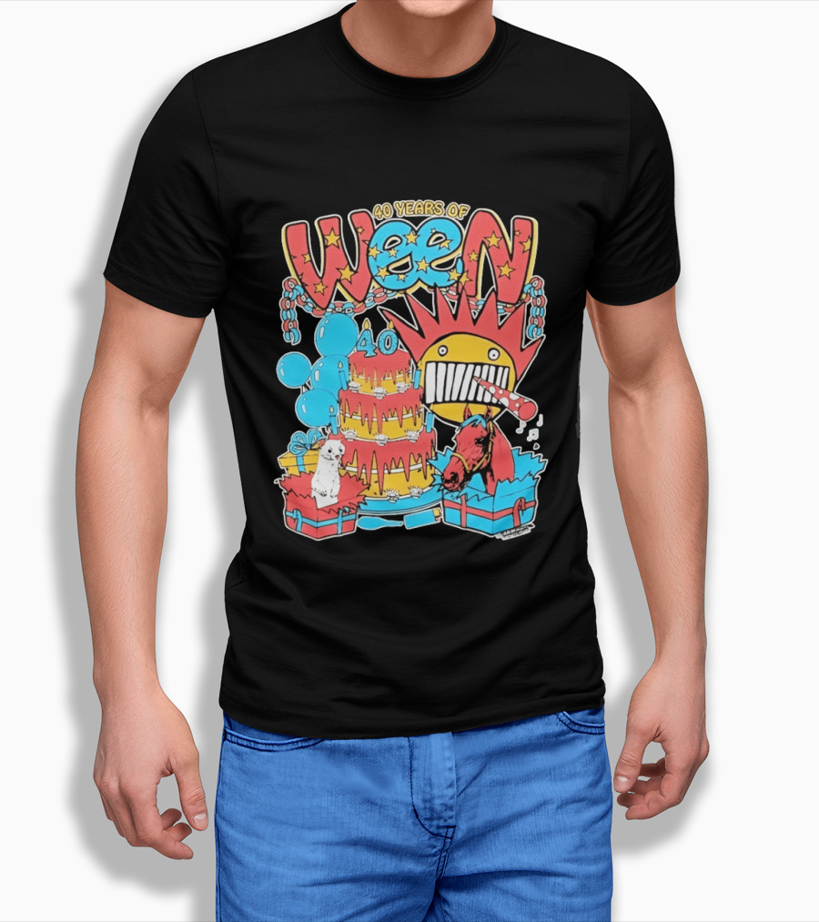 40 Years Of Ween Celebration Cake Balloons Dog Horse Black Sun Mask T-Shirt