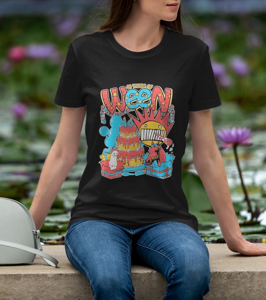 40 Years Of Ween Celebration Cake Balloons Dog Horse Black Sun Mask T-Shirt