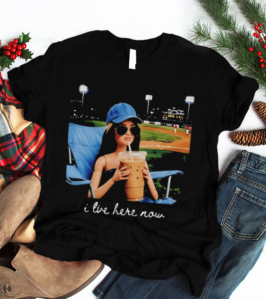 I Live Here Now Barbie Drink Coffee Baseball Stadium Scene T-Shirt