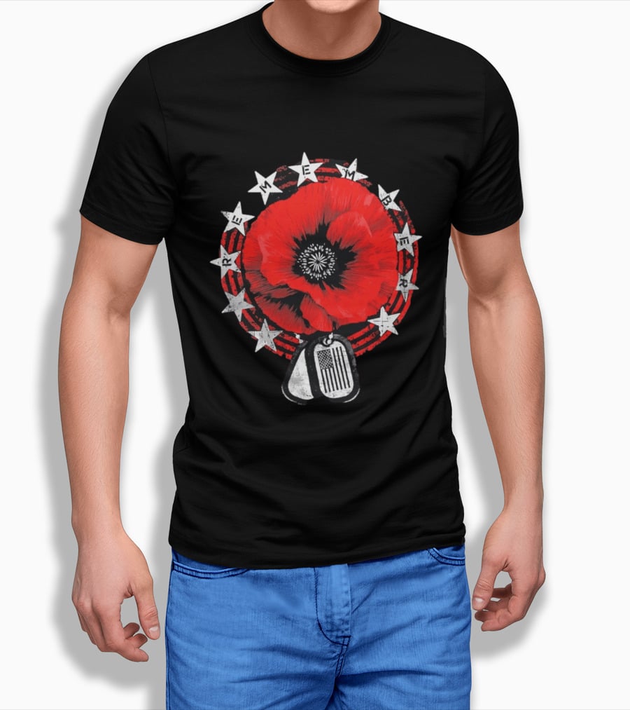 Remember Poppy 2026 American Flag Dog Tags Stars T-Shirt