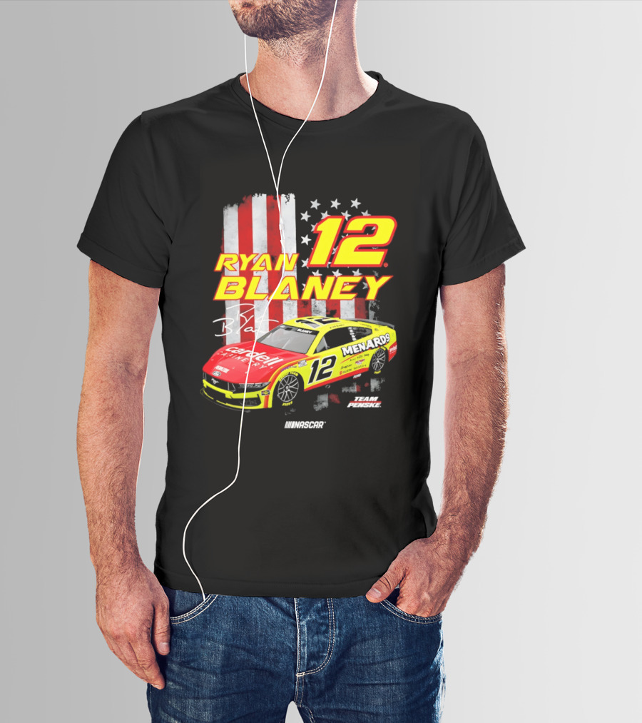 Ryan Blaney 12 Team Penske NASCAR American Flag Racing Car T-Shirt