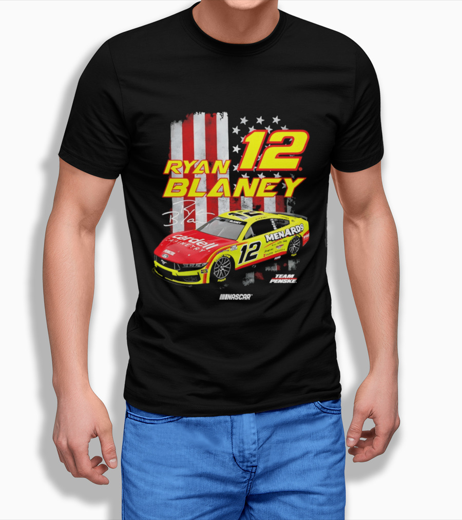 Ryan Blaney 12 Team Penske NASCAR American Flag Racing Car T-Shirt