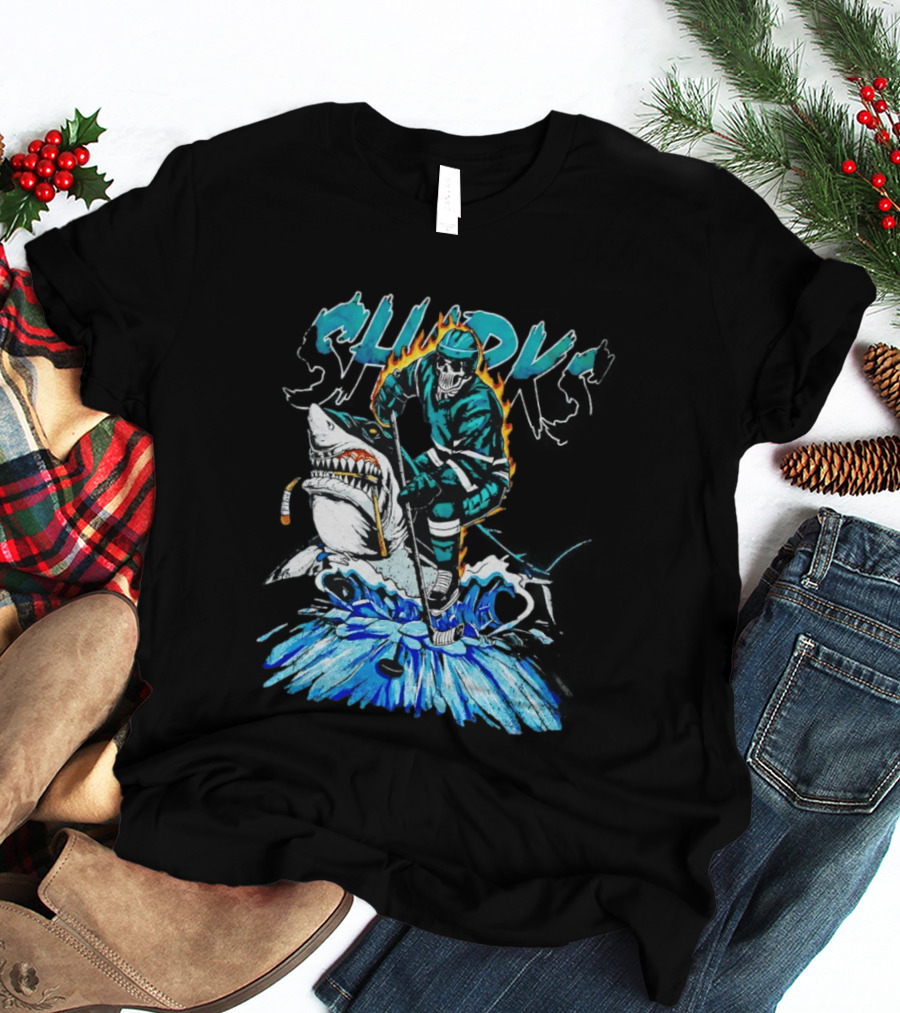 San Jose Sharks 90s Hockey Skull Flames Ice Shark Rider T-Shirt