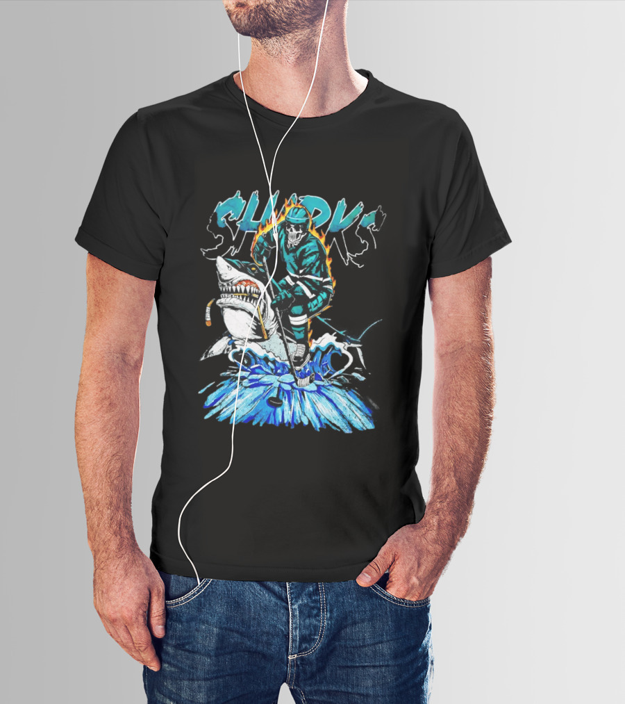 San Jose Sharks 90s Hockey Skull Flames Ice Shark Rider T-Shirt