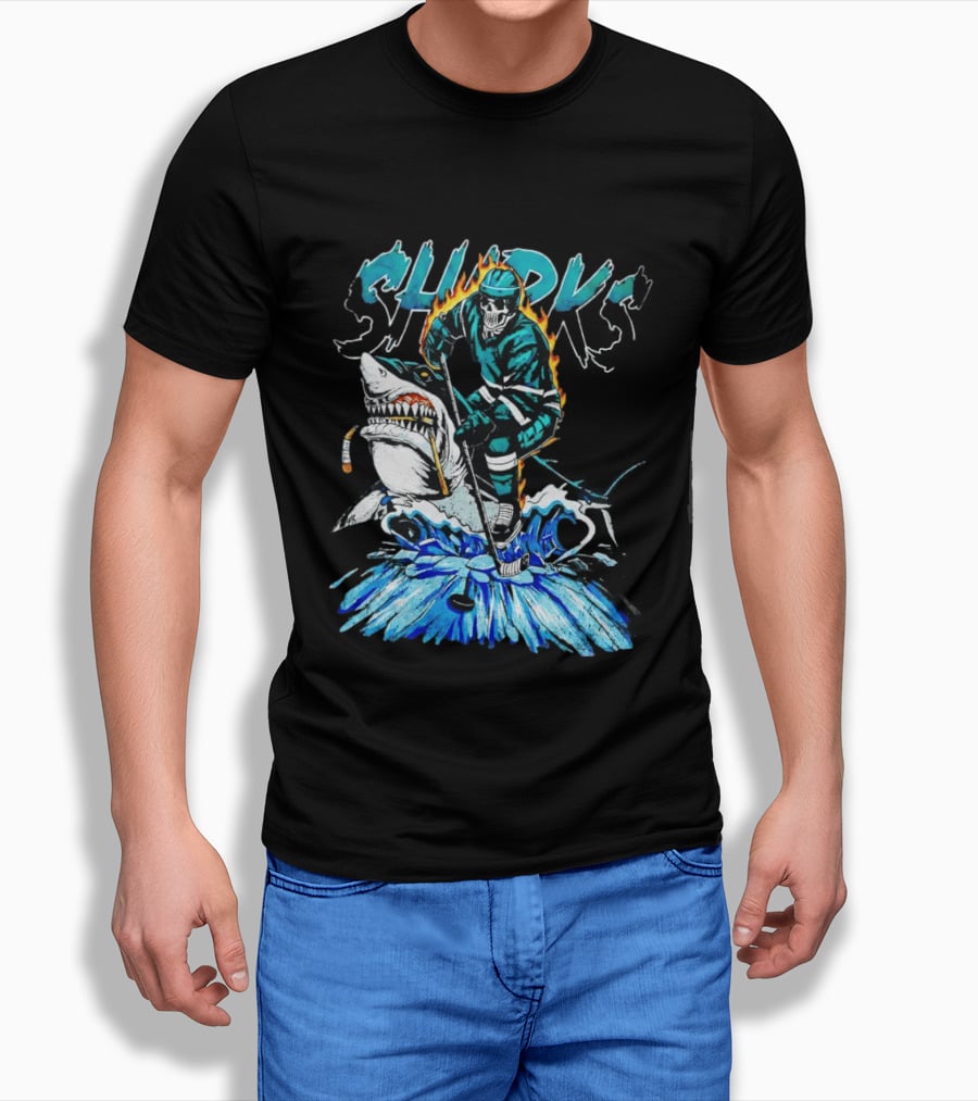 San Jose Sharks 90s Hockey Skull Flames Ice Shark Rider T-Shirt