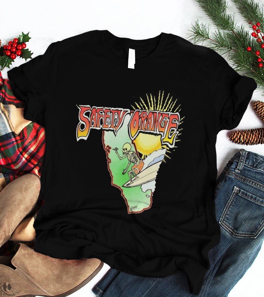 Safety Orange Skeleton Surfing Explosion Scene T-Shirt