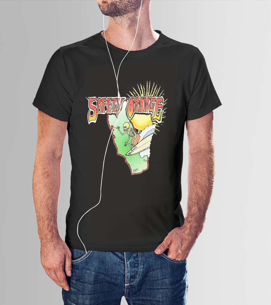 Safety Orange Skeleton Surfing Explosion Scene T-Shirt