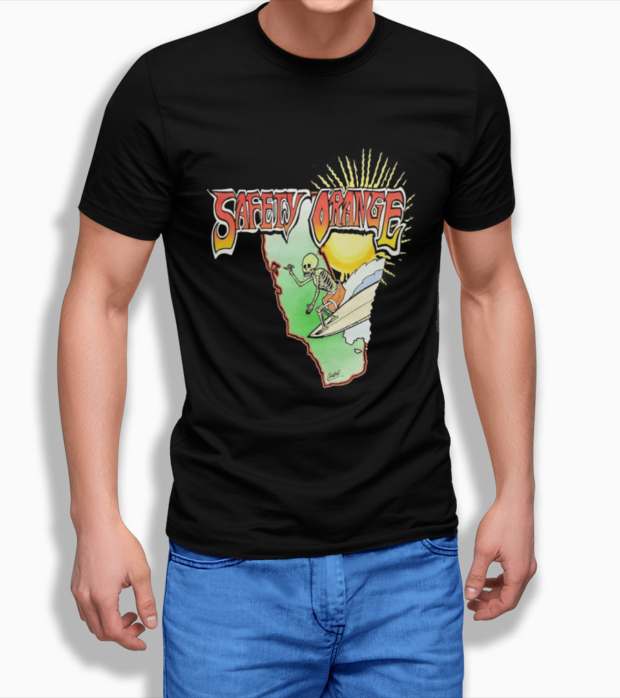 Safety Orange Skeleton Surfing Explosion Scene T-Shirt