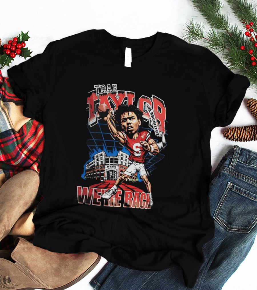 Trae Taylor Montana Grizzlies Football We're Back Red Quarterback Number 5 Stadium T-Shirt