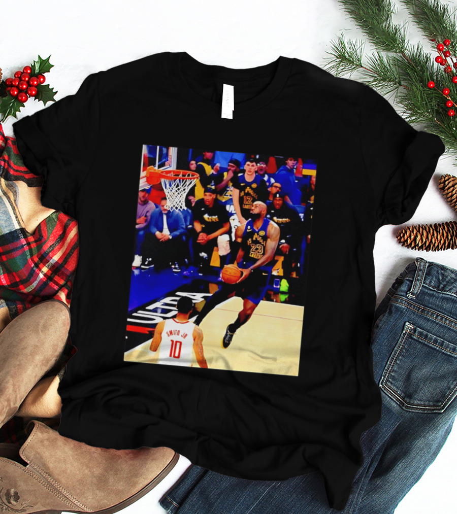 LeBron James Los Angeles Lakers Dunking Action Photo T-Shirt