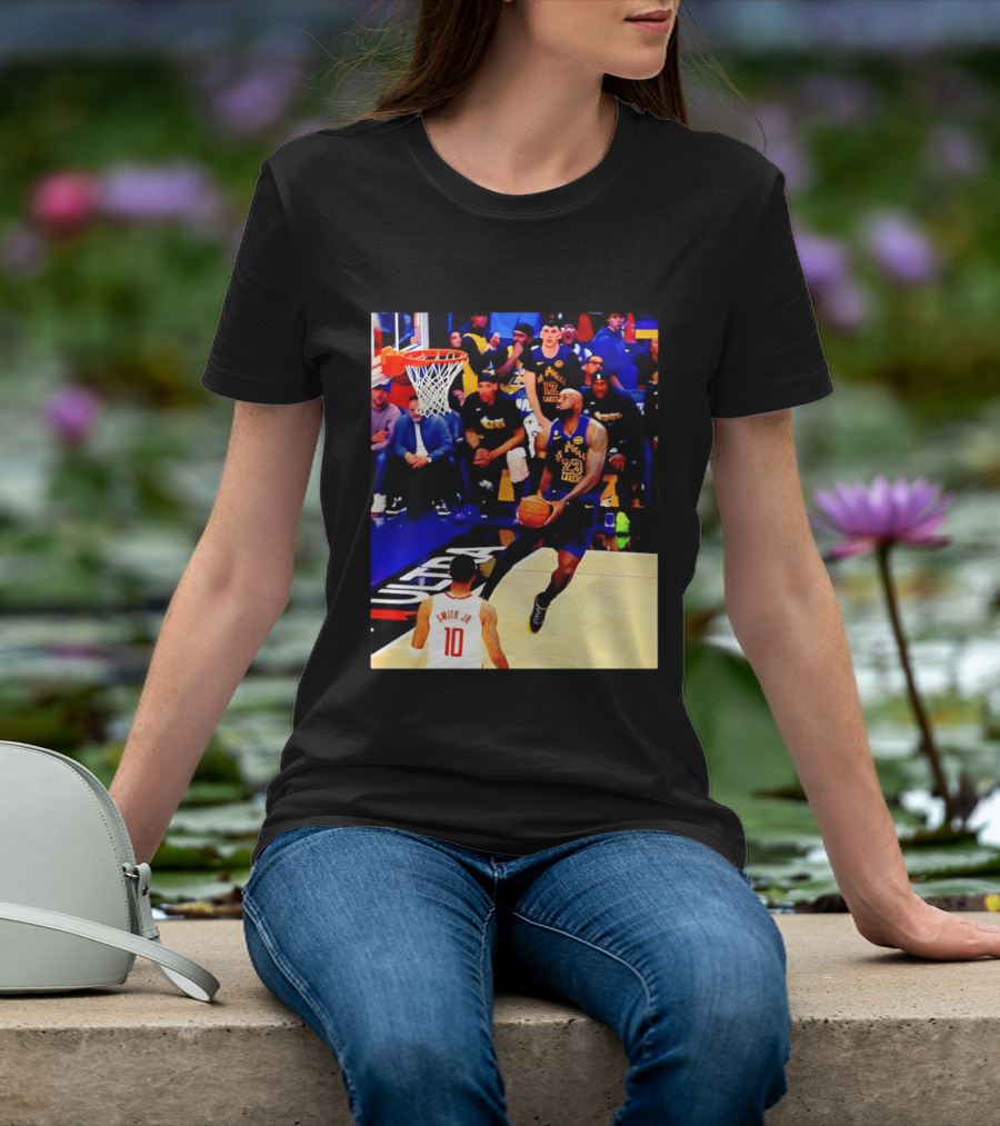 LeBron James Los Angeles Lakers Dunking Action Photo T-Shirt