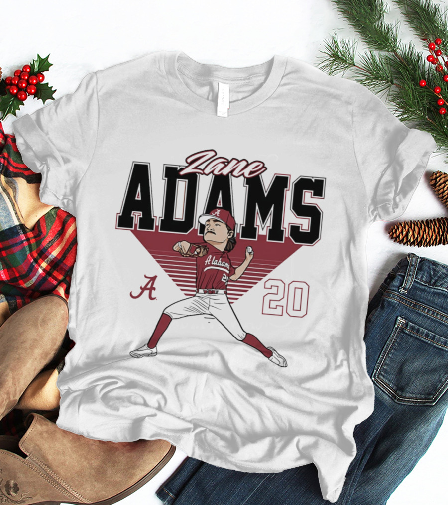 Zane Adams 20 Alabama Crimson Tide Baseball Caricature Player Pitching T-Shirt
