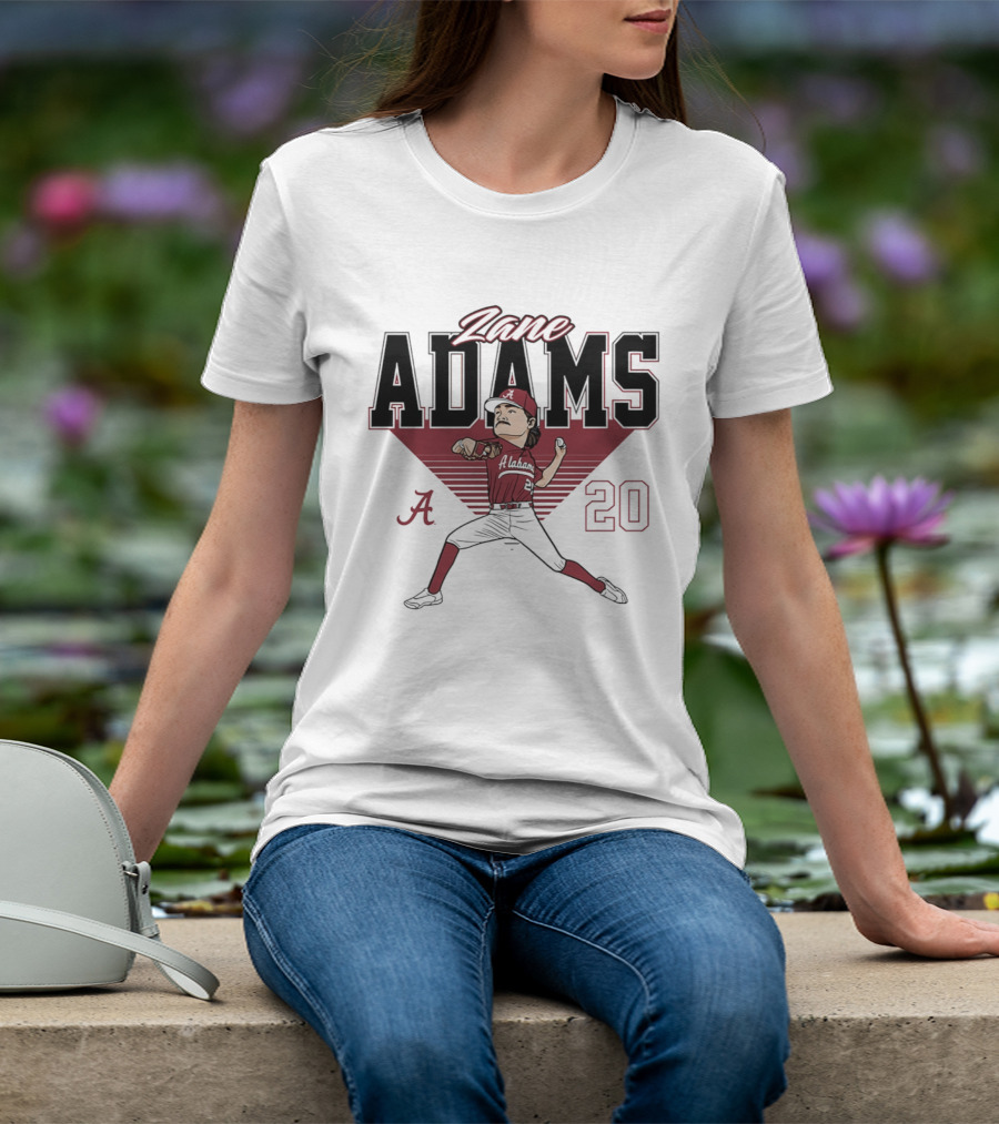 Zane Adams 20 Alabama Crimson Tide Baseball Caricature Player Pitching T-Shirt