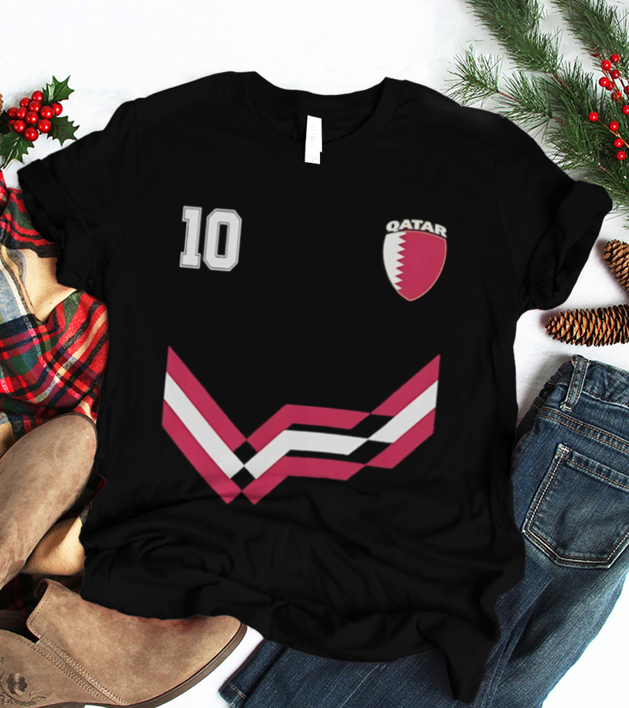 Akram Afif Qatar 10 Soccer Badge Red Chevron T-Shirt