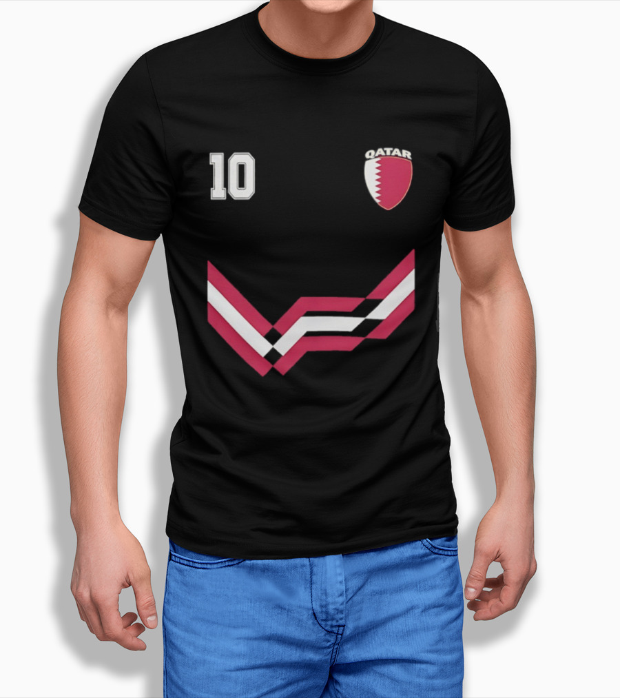 Akram Afif Qatar 10 Soccer Badge Red Chevron T-Shirt