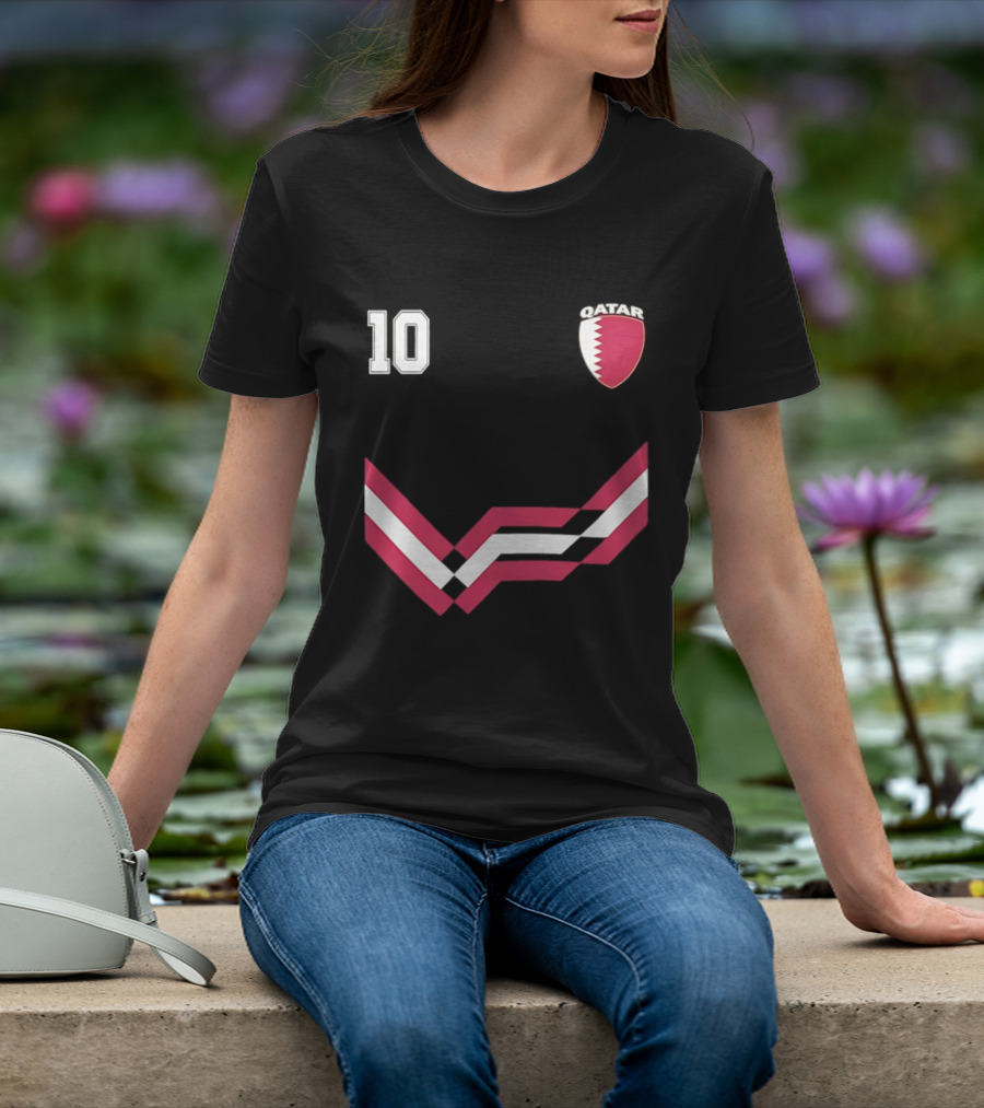Akram Afif Qatar 10 Soccer Badge Red Chevron T-Shirt