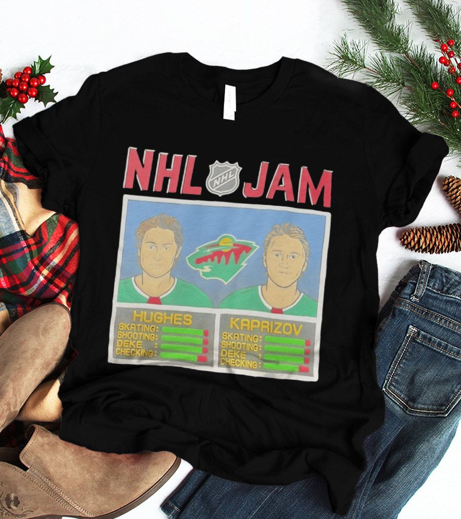NHL Jam Hughes Kaprizov Minnesota Wild Skating Shooting Deke Checking T-Shirt