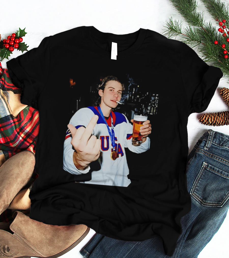 USA Hockey Player Victory Celebration Smoking Beer Middle Finger T-Shirt